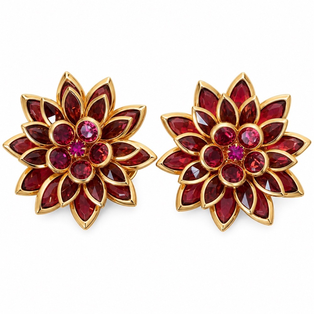 Avon Brooch Pin Set Vtg Gold Tone Pink Red Marquise Rhinestone Flower 1.5in